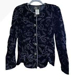Vintage R&K Evening Black Velvet Glitter Floral Jacket Silver Metallic Scalloped